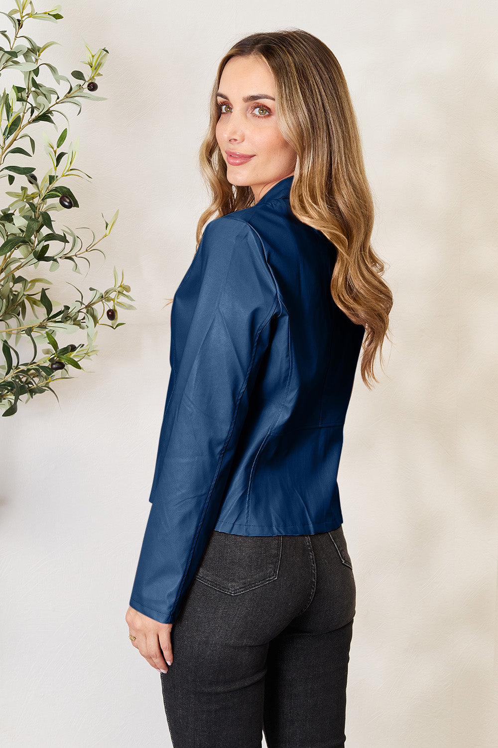 Chic Moto Vegan Leather Jacket Zip-up Sleek Snap Mock Neck