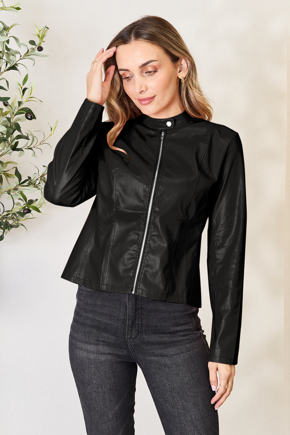 Chic Moto Vegan Leather Jacket Zip-up Sleek Snap Mock Neck