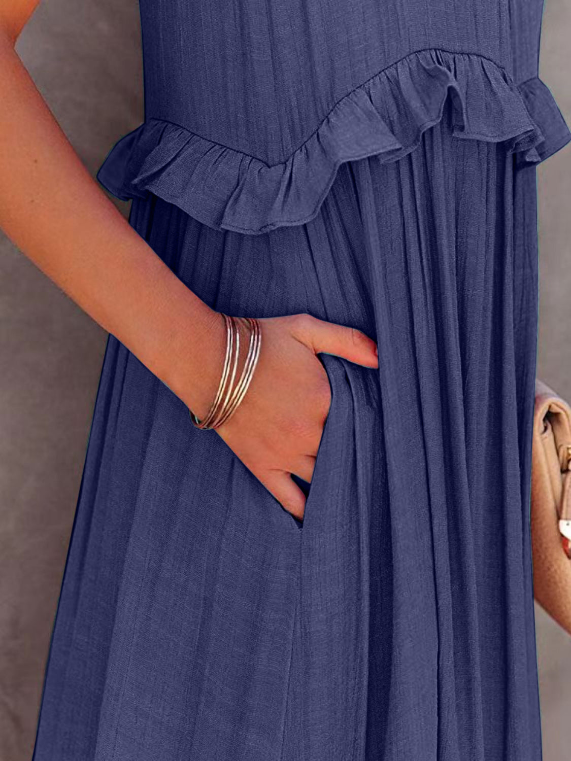 Ruffle Sleeveless Grecian Tie Back Tiered Summer Side Pocket Oversized High-Low Maxi Dress
