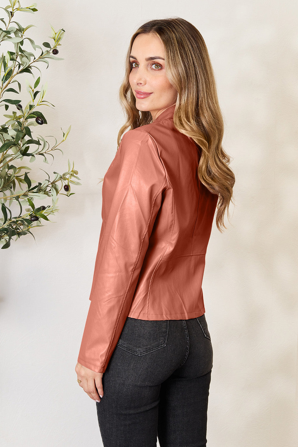 Chic Moto Vegan Leather Jacket Zip-up Sleek Snap Mock Neck
