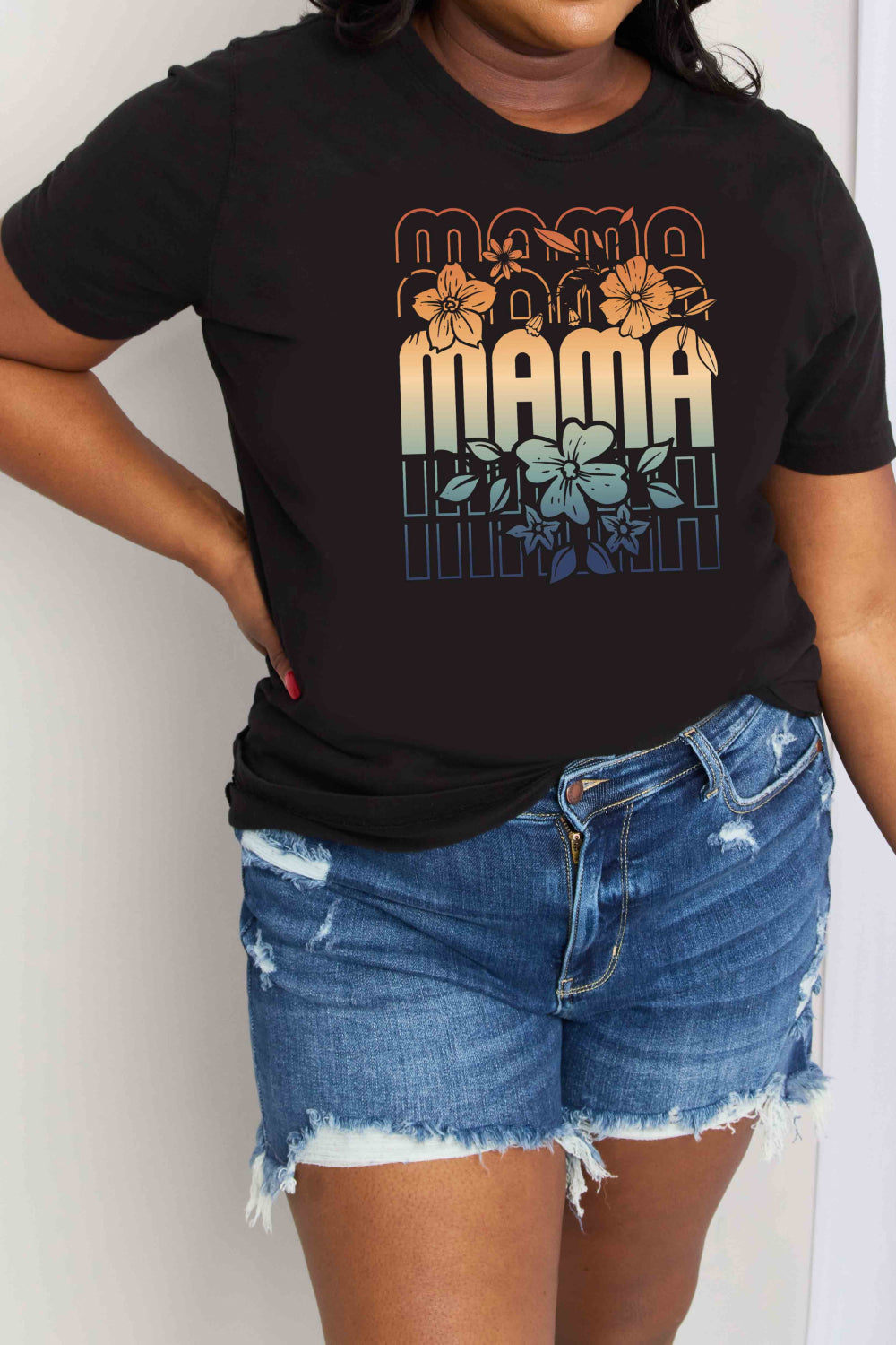 Floral MAMA Colorful Tropical Graphic 100% Cotton Short-sleeve Tee Shirt (Plus Size Available)