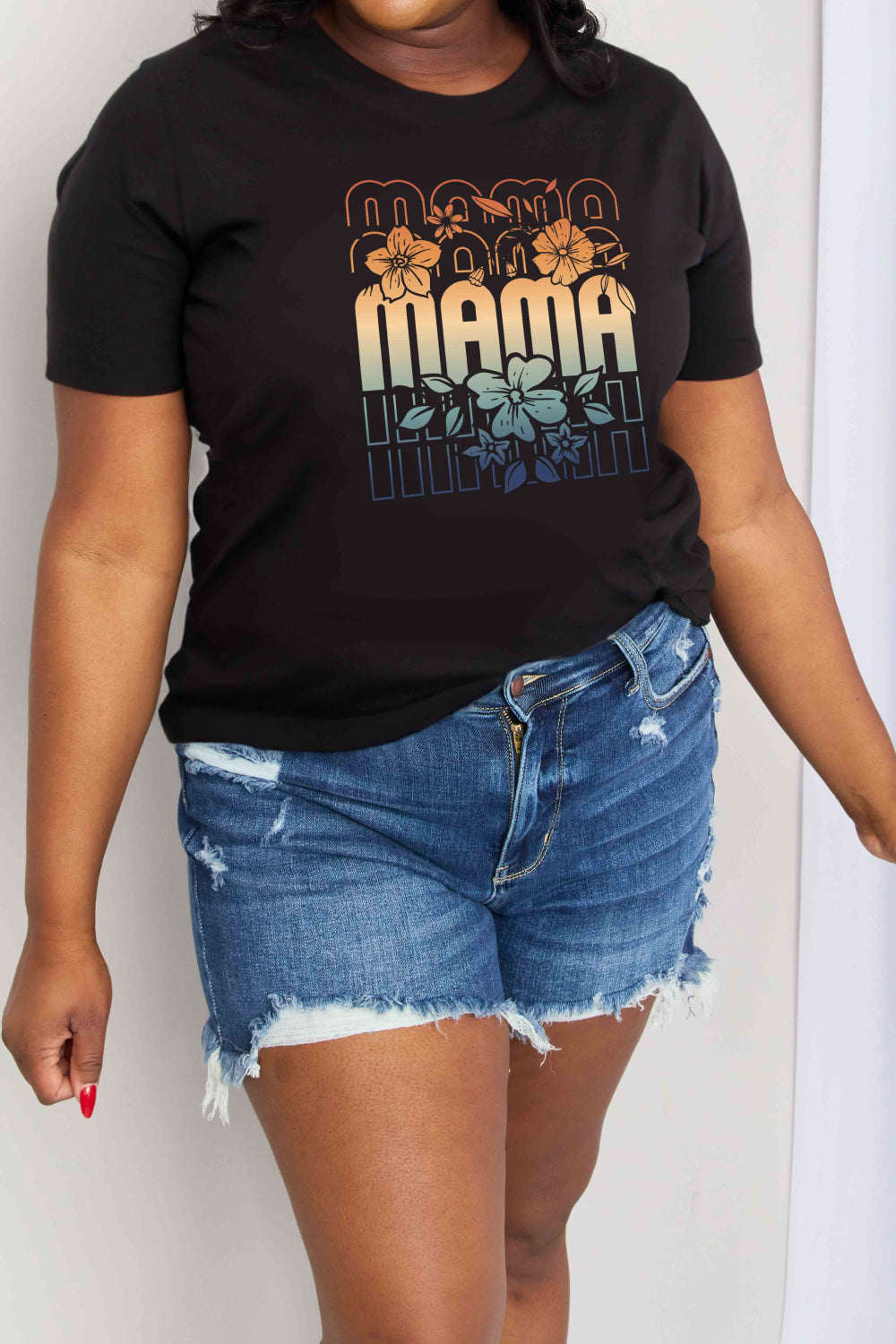 Floral MAMA Colorful Tropical Graphic 100% Cotton Short-sleeve Tee Shirt (Plus Size Available)