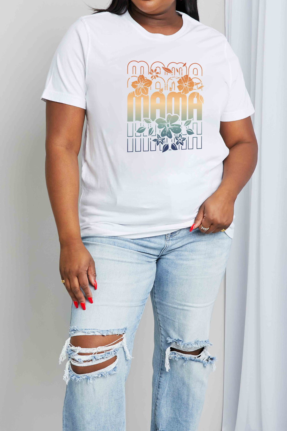 Floral MAMA Colorful Tropical Graphic 100% Cotton Short-sleeve Tee Shirt (Plus Size Available)