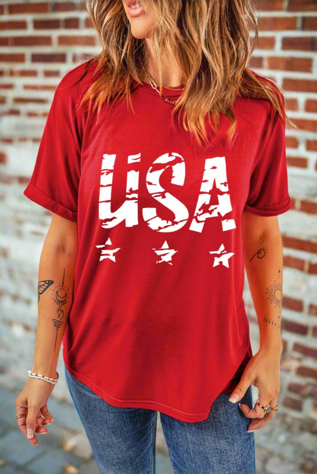 Rustic USA American Flag Graphic Shirt Americana Patriotic Short Sleeve Top