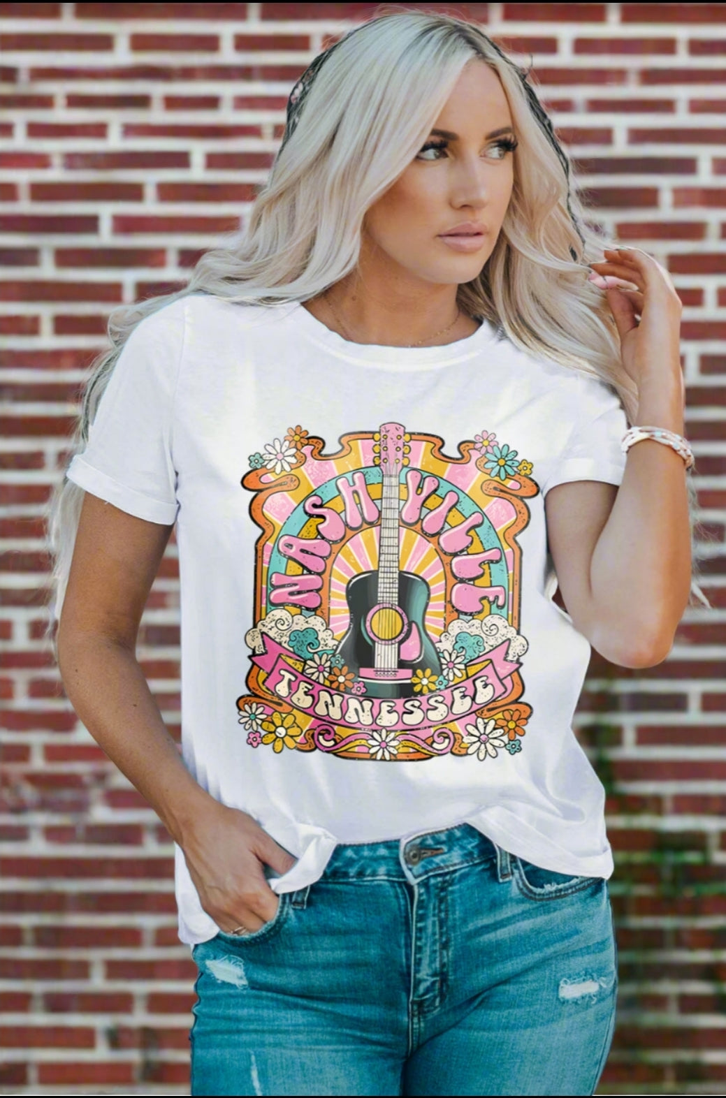 Groovy Nashville Music City Hippie Shirt Retro Guitar Americana Short Sleeve Top