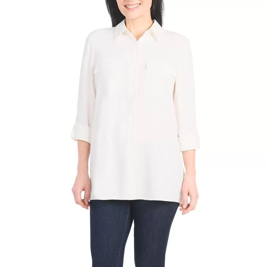 Hilary Radley Woman's Button-up Shirt Pocket Top Roll Tab Long Sleeve Shacket