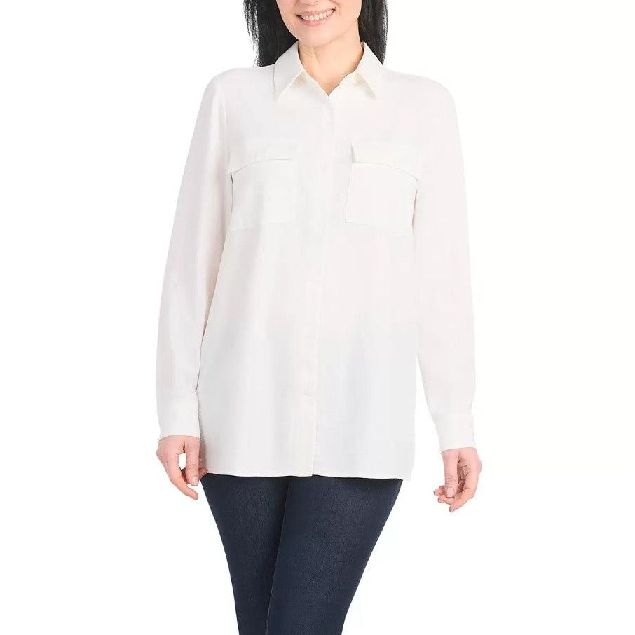Hilary Radley Woman's Button-up Shirt Pocket Top Roll Tab Long Sleeve Shacket