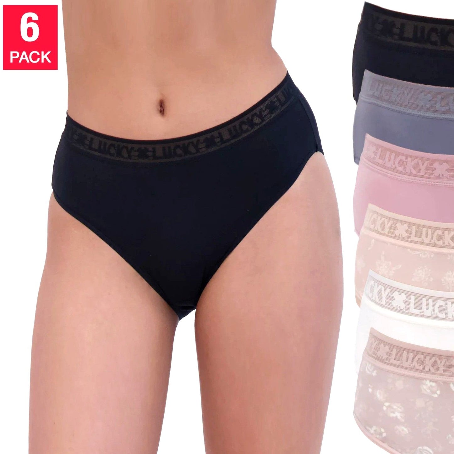 Lucky Brand Cotton Lined High-cut Underwear 6-Pack box Panties Multi-color Soft Stretch Tagless Lace