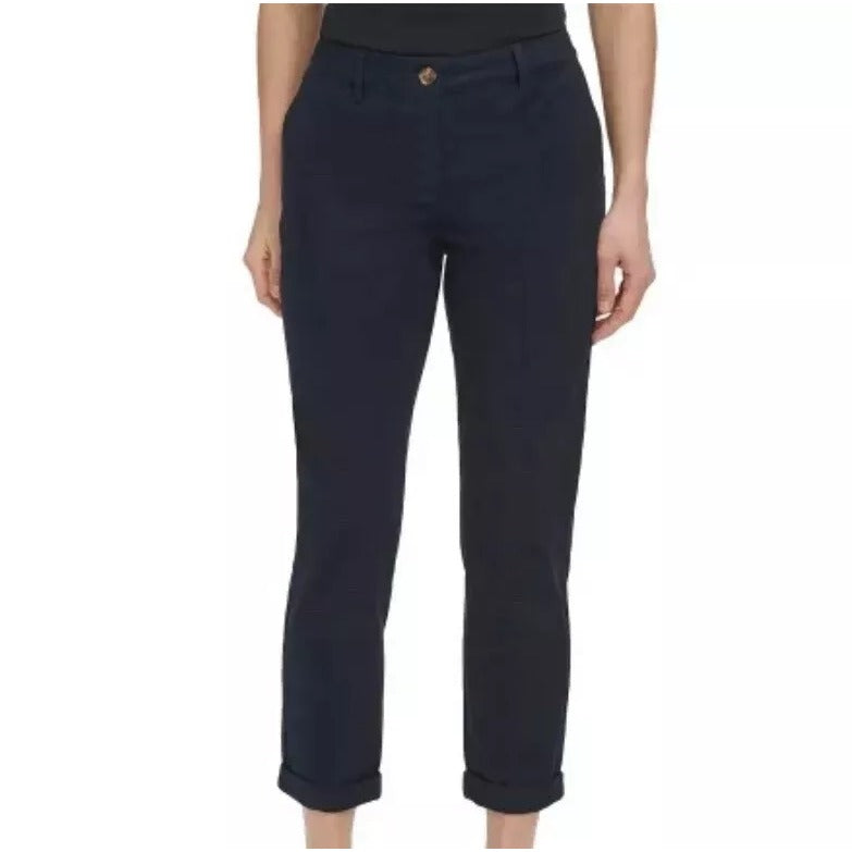 Nautica Jeans Chino Pants Women's Stretch Roll Down Cuff Ankle Flat Front Navy Blue