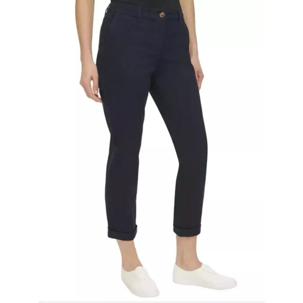 Nautica Jeans Chino Pants Women's Stretch Roll Down Cuff Ankle Flat Front Navy Blue
