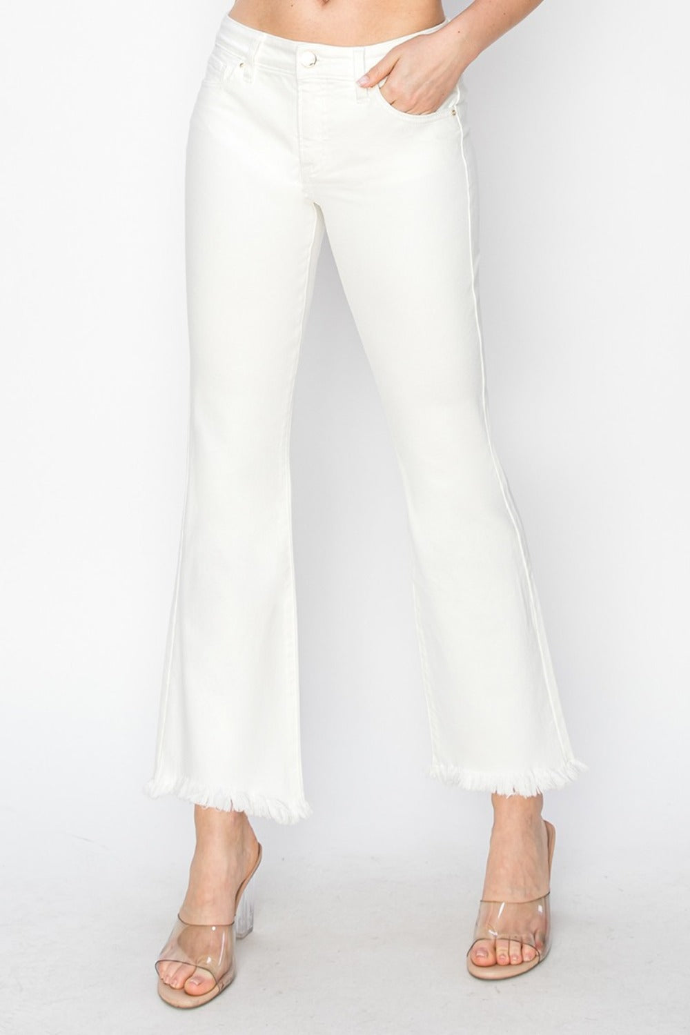 RISEN High-Rise Waist Skinny Fit Denim Pants Cropped Flare Step Hem White Jeans