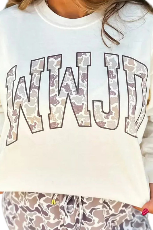 WWJD Camo Christian Faith Oversized Shirt Long Sleeve Lightweight Graphic Tee
