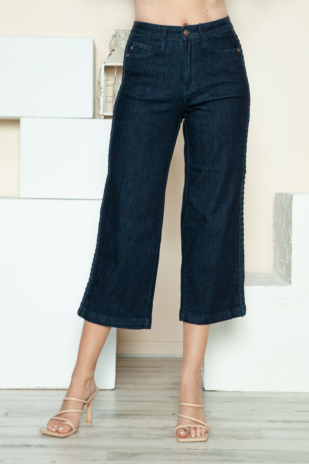 Judy Blue Braided High-Rise Wide Leg Cropped Hem Relaxed Boyfriend Denim Jean Pants