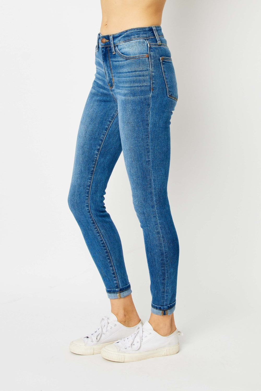 Skinny Stretch Slim Mid-Rise Denim Pants Cuffed Hem Judy Blue Jeans