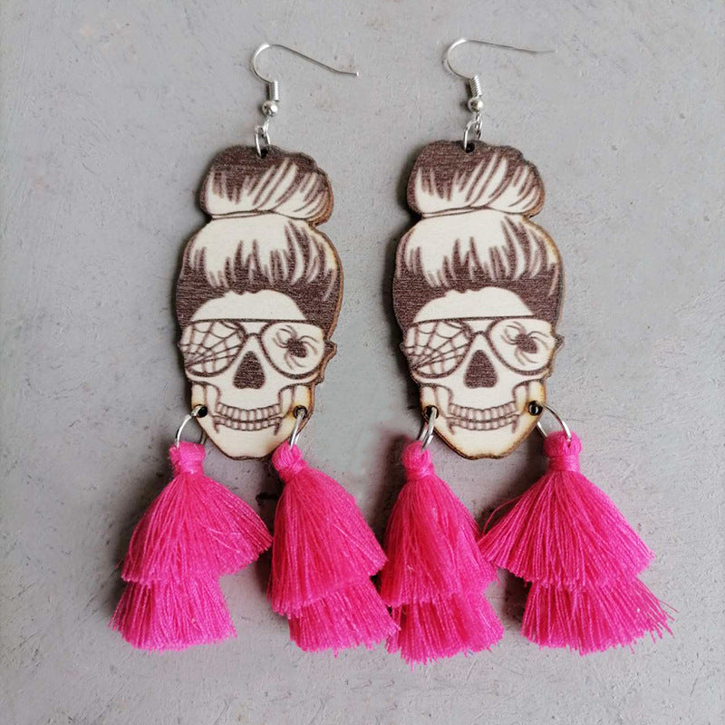 Messy Bun Wood Skeleton Tassel Dangle Earrings Halloween Artisan Jewelry