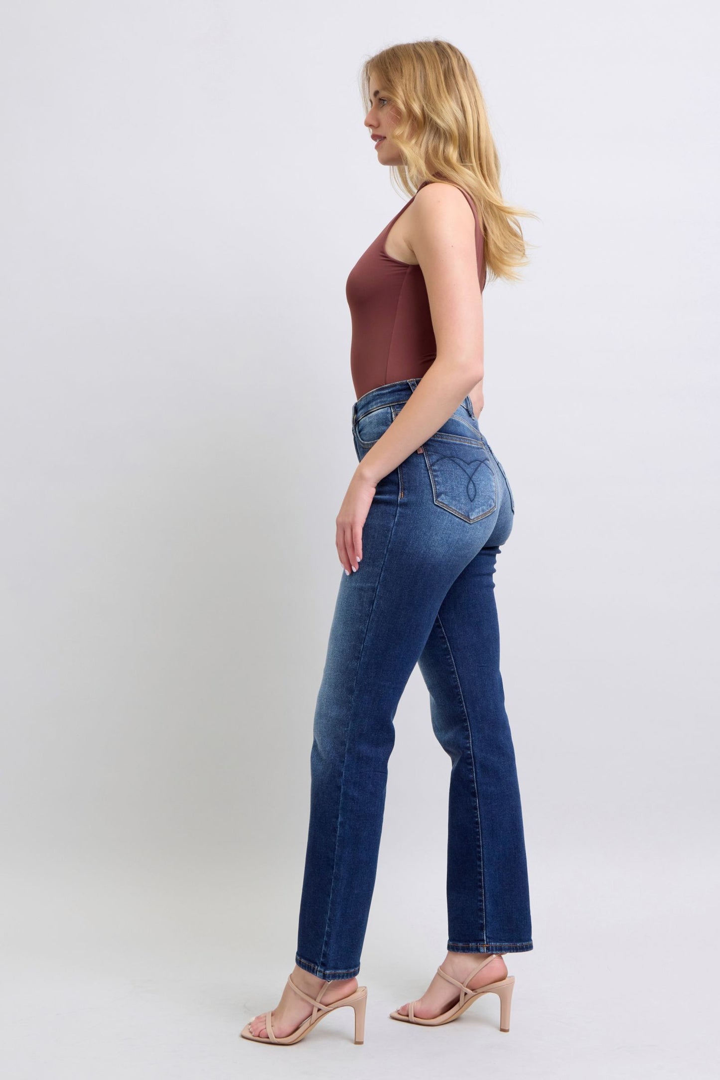 Judy Blue Thermal High-Rise Straight Leg Slim Fit Embroidered Jeans Washed Denim Pants