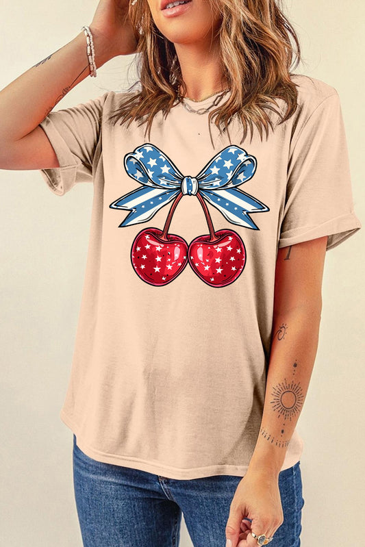 Cherry Bow American Flag Graphic Shirt Americana Patriotic Short Sleeve Top