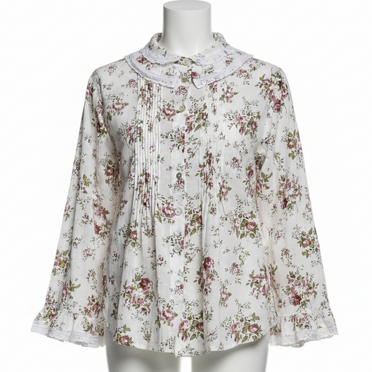 POL Cotton Peter Pan Collar Baggy Granny Floral Lace Pintuck Button-Down Boxy Shirt
