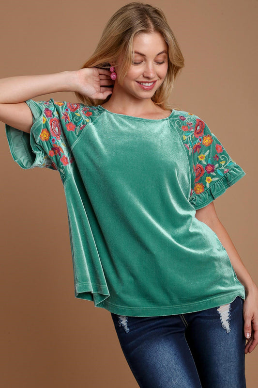 Umgee Velvet Embroidered Floral 70s Retro Shirt Ruffle Top Short Sleeve Blouse