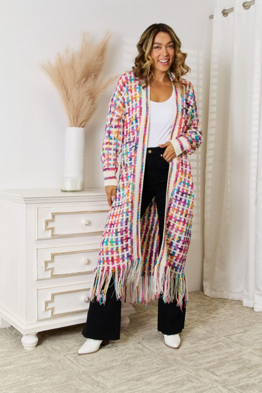 Retro Knit Bold Colorful Open Front Fringe Hem Longline Duster Sweater Cardigan