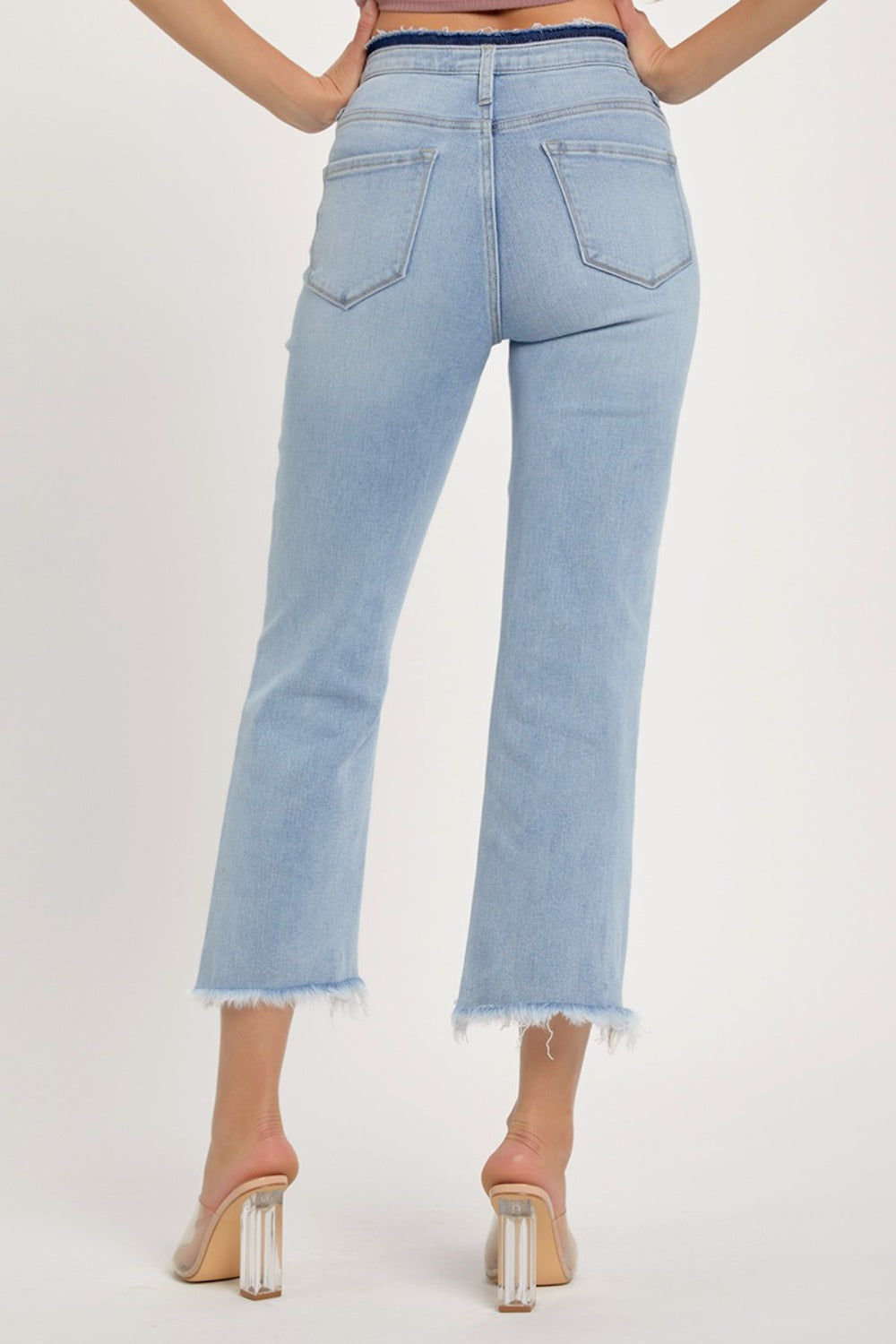 RISEN Slim High-Rise Waist Jeans Distressed Torn Cut-Off Cropped Denim Pants
