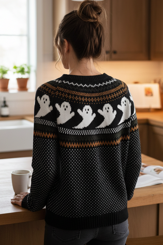 Ghost Fair Isle Nordic Crew Neck Top Long Sleeve Halloween Pullover Knit Sweater