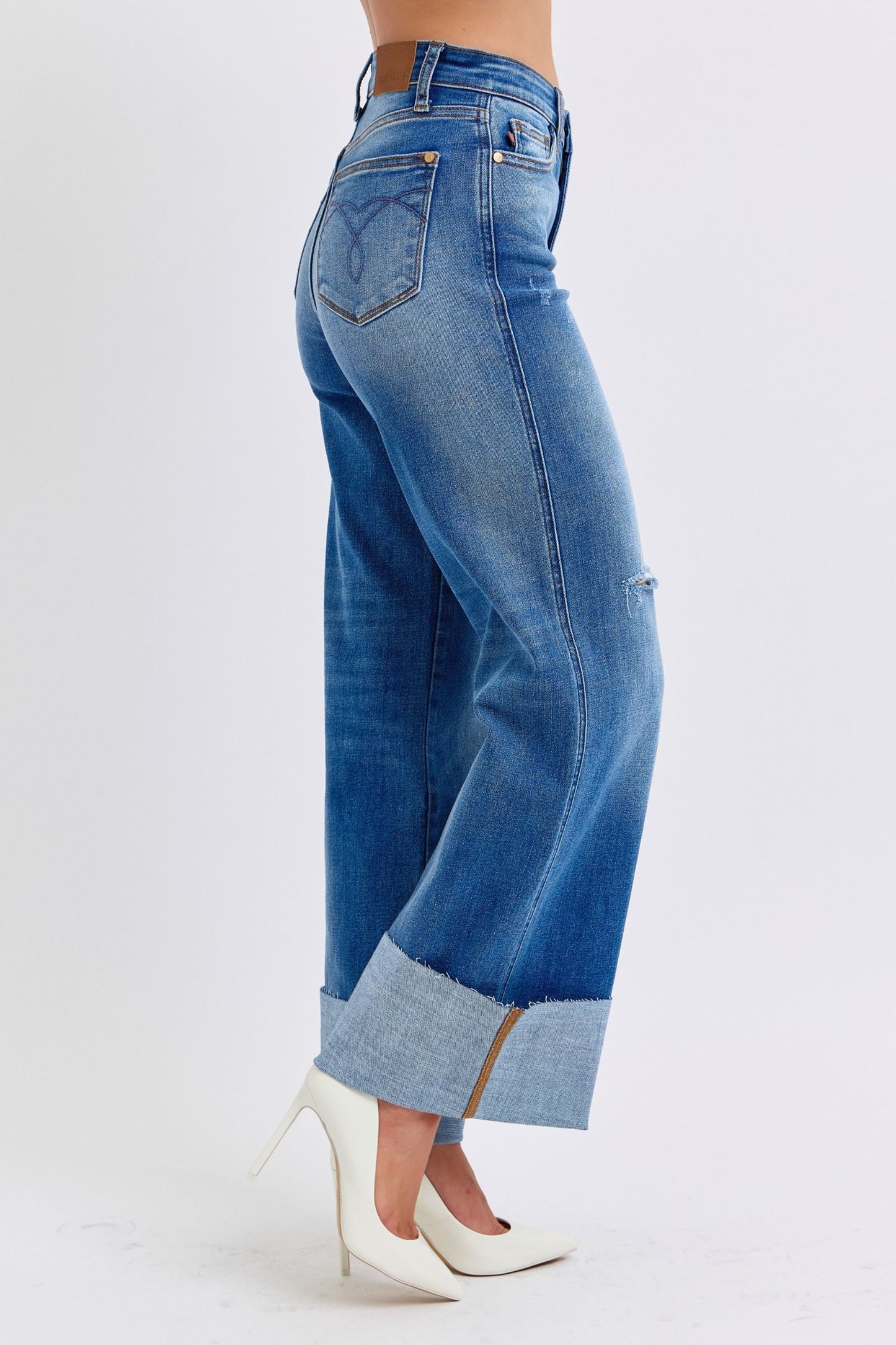 Judy Blue High-Rise Boyfriend Jeans Ultra Wide Leg Cuff Raw Hem Denim Pants