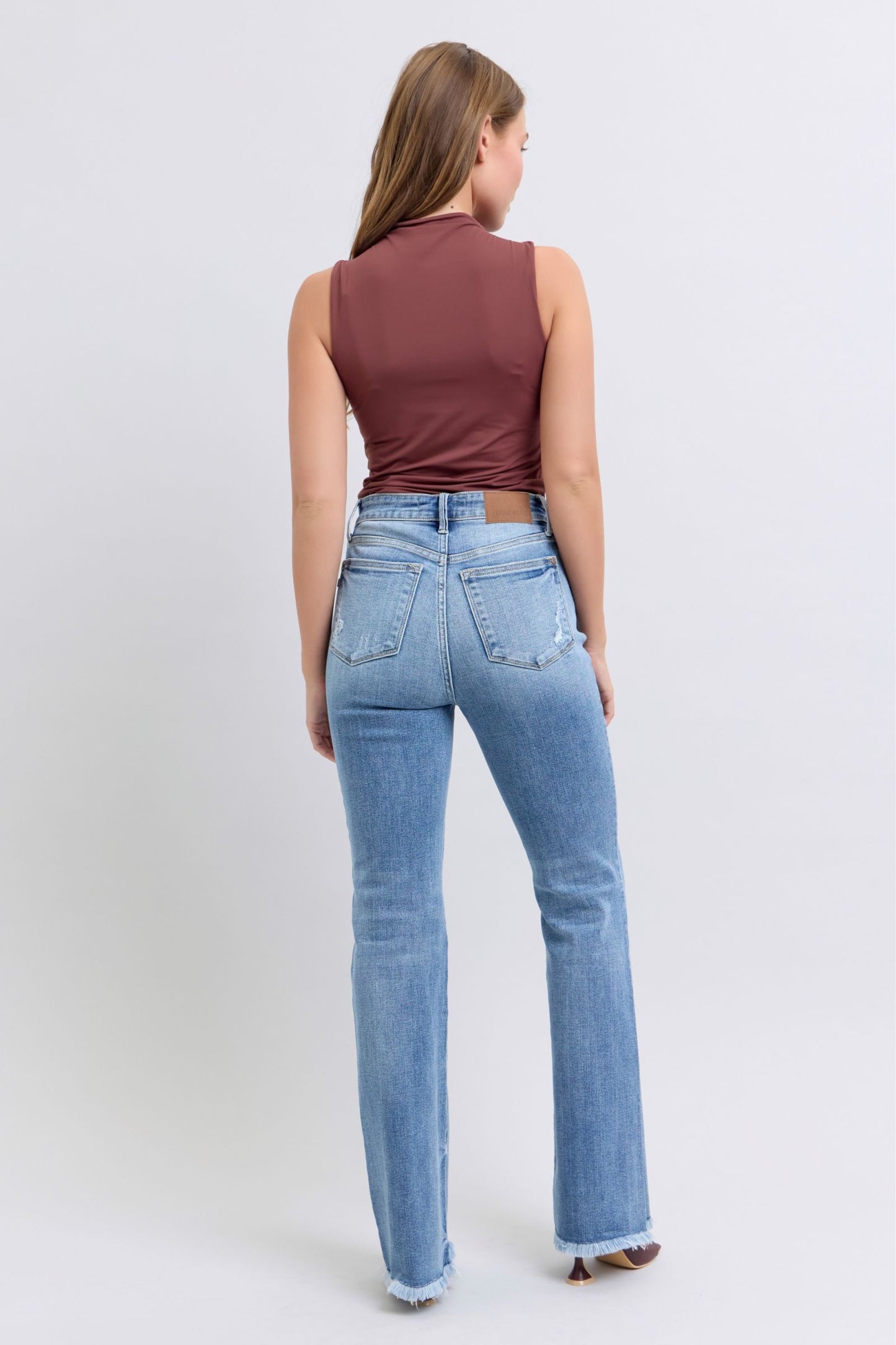 Judy Blue High-Rise Waist Bootcut Jeans Distressed Raw Hem Boyfriend Denim Pants
