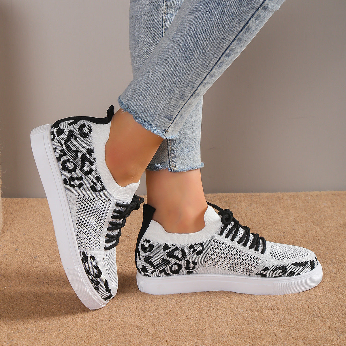 Leopard Knit Sneakers Color Contrasting Slip-on Flats Lace-up Shoes Breathable