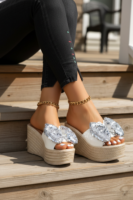 Oversized Sequin Bow Open Toe Shoes Chunky Bling Platform Wedge Sandals