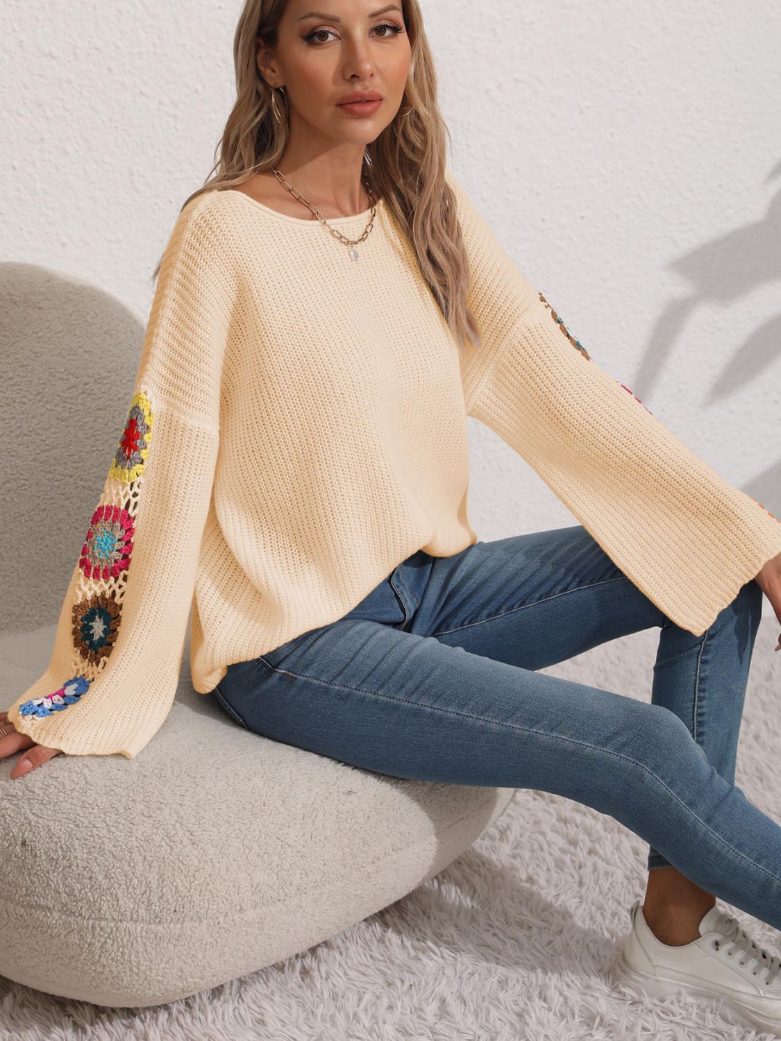 Colorful Crochet Flower Bohemian Long Sleeve Waffle Knit Shirt Oversized Retro Top