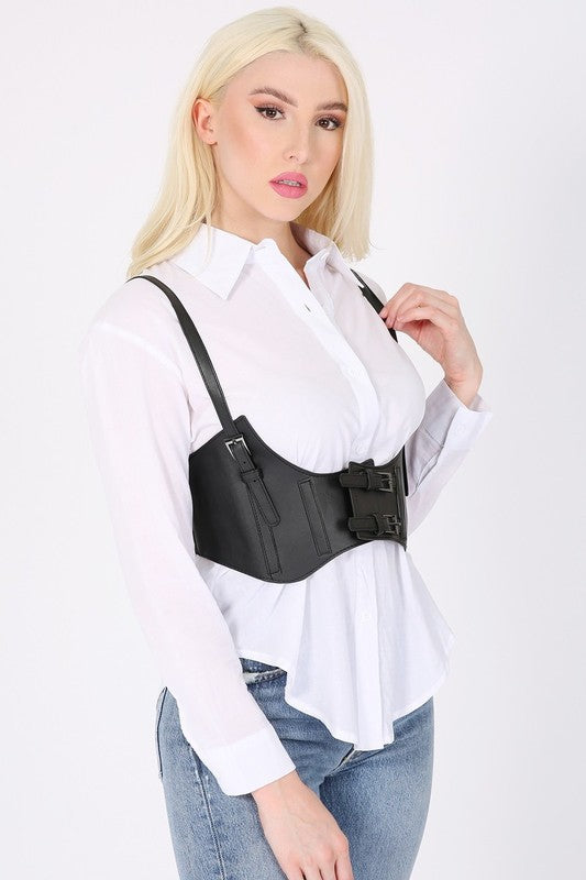 Faux Leather Corset Underbust Waist Belt Harness Shoulder Straps