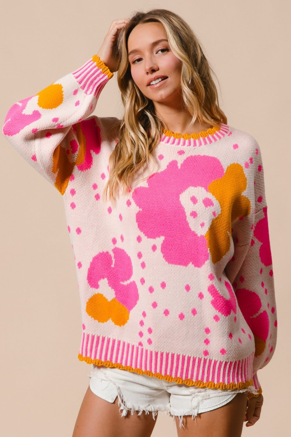 BiBI Contrasting Daisy Retro Flower Top Long Sleeve Pullover Knit Sweater Shirt