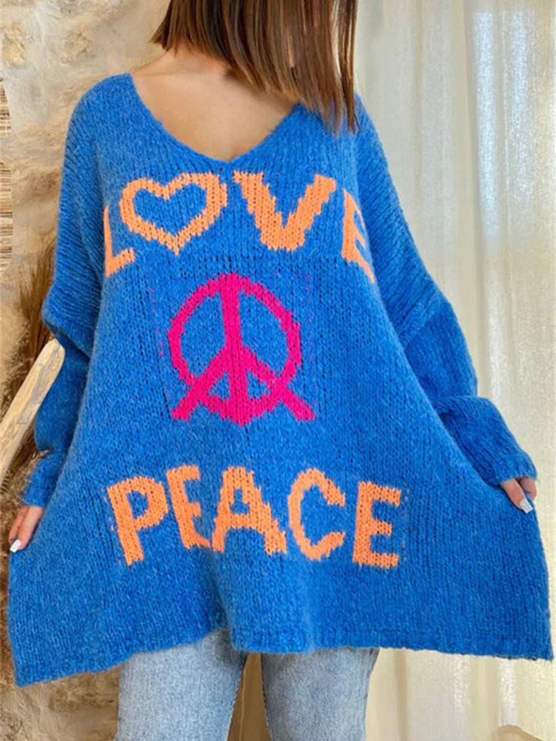 LOVE PEACE Oversized Colorful Knit Top Long-Sleeve Pullover Baggy Sweater Shirt