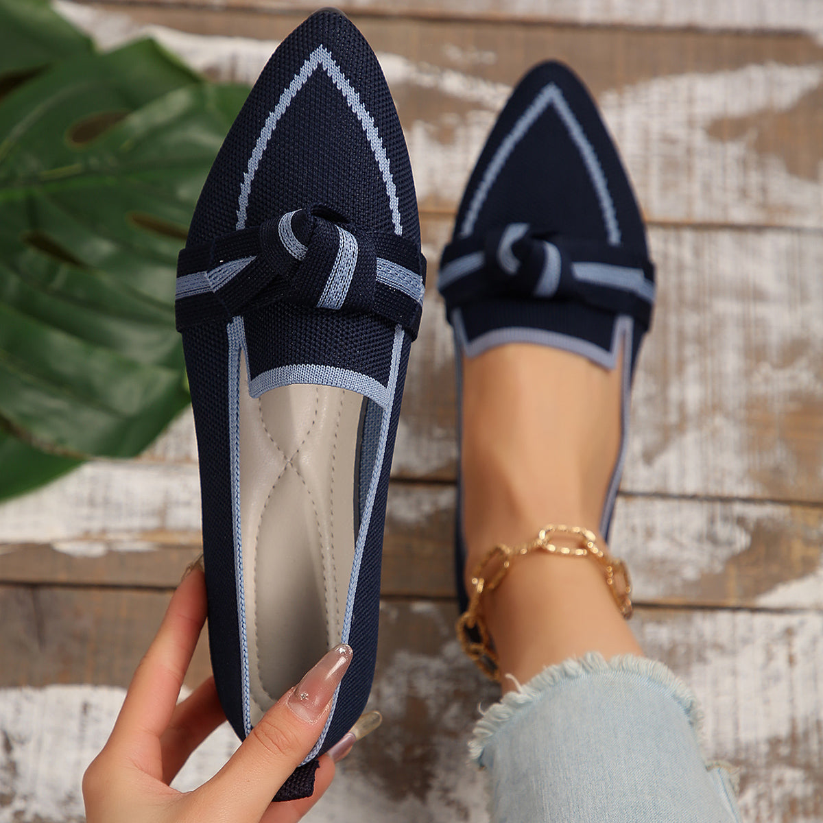 Pointed Bow Top Knit Contrasting Stripe Ballet Flat Casual Loafer Slip-on Shoes