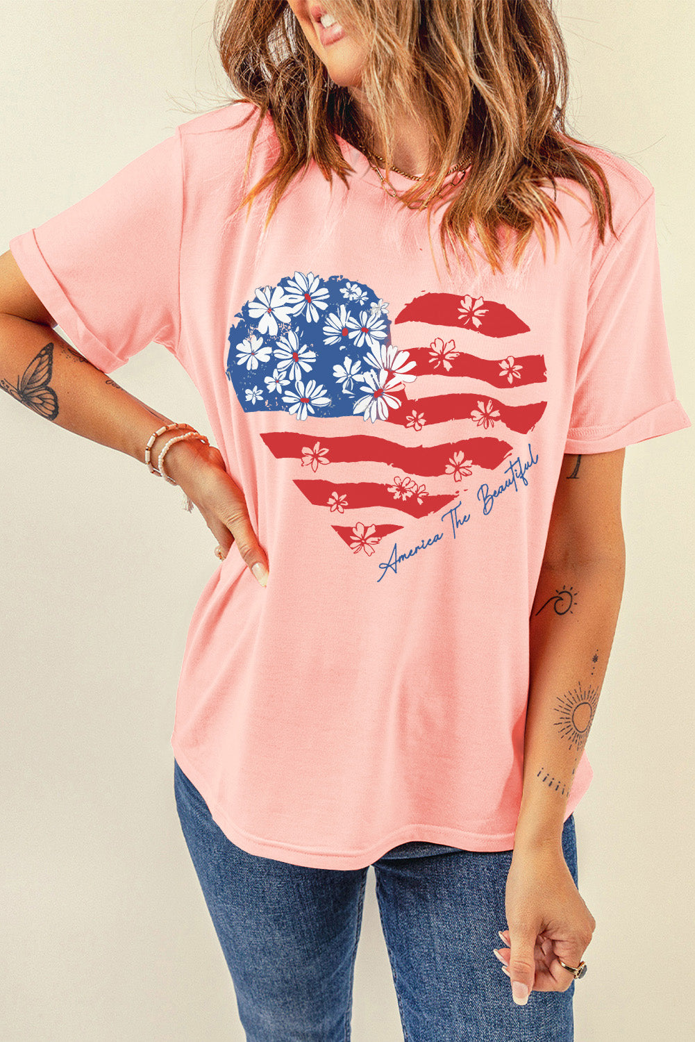 America The Beautiful American Flag Graphic Shirt Patriotic Floral Heart Top
