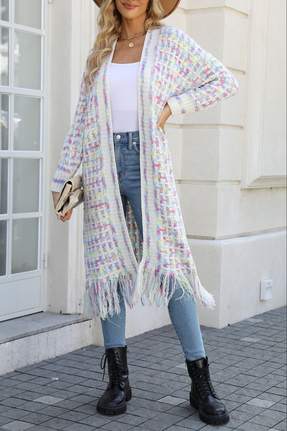 Retro Knit Bold Colorful Open Front Fringe Hem Longline Duster Sweater Cardigan