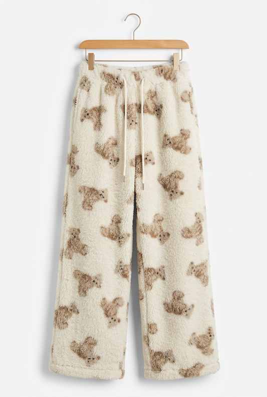 Fuzzy Teddy Bear Side Pocket Loungewear Drawstring Waist Fluffy Wide Leg Pants