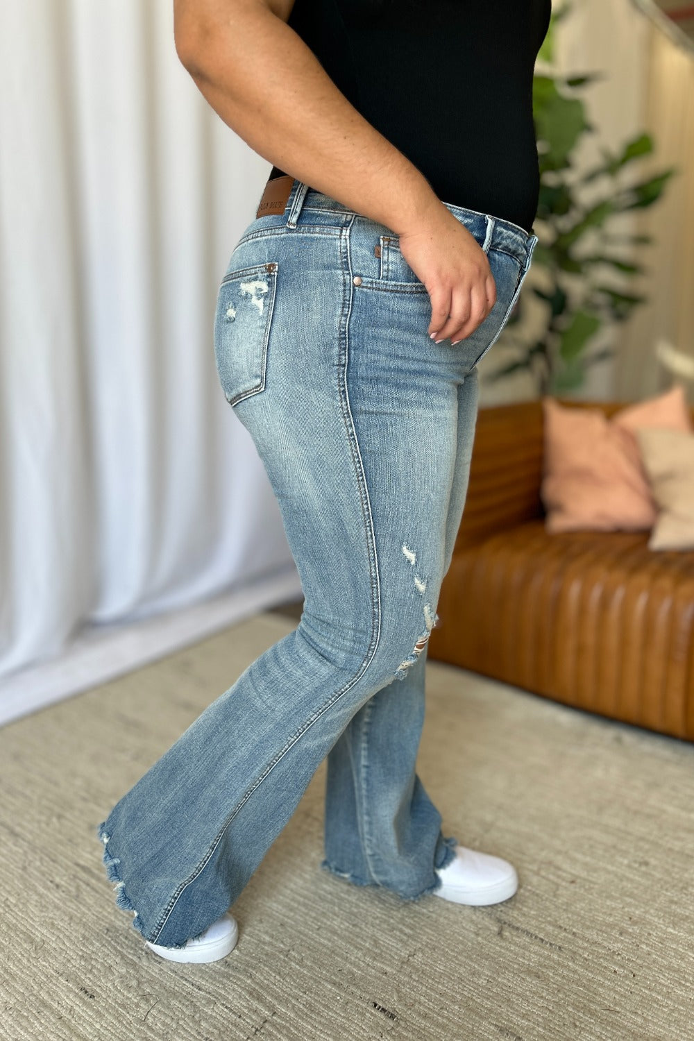 Judy Blue Mid-Rise Tummy Control Jeans Flare Hem Retro Distressed Denim Pants