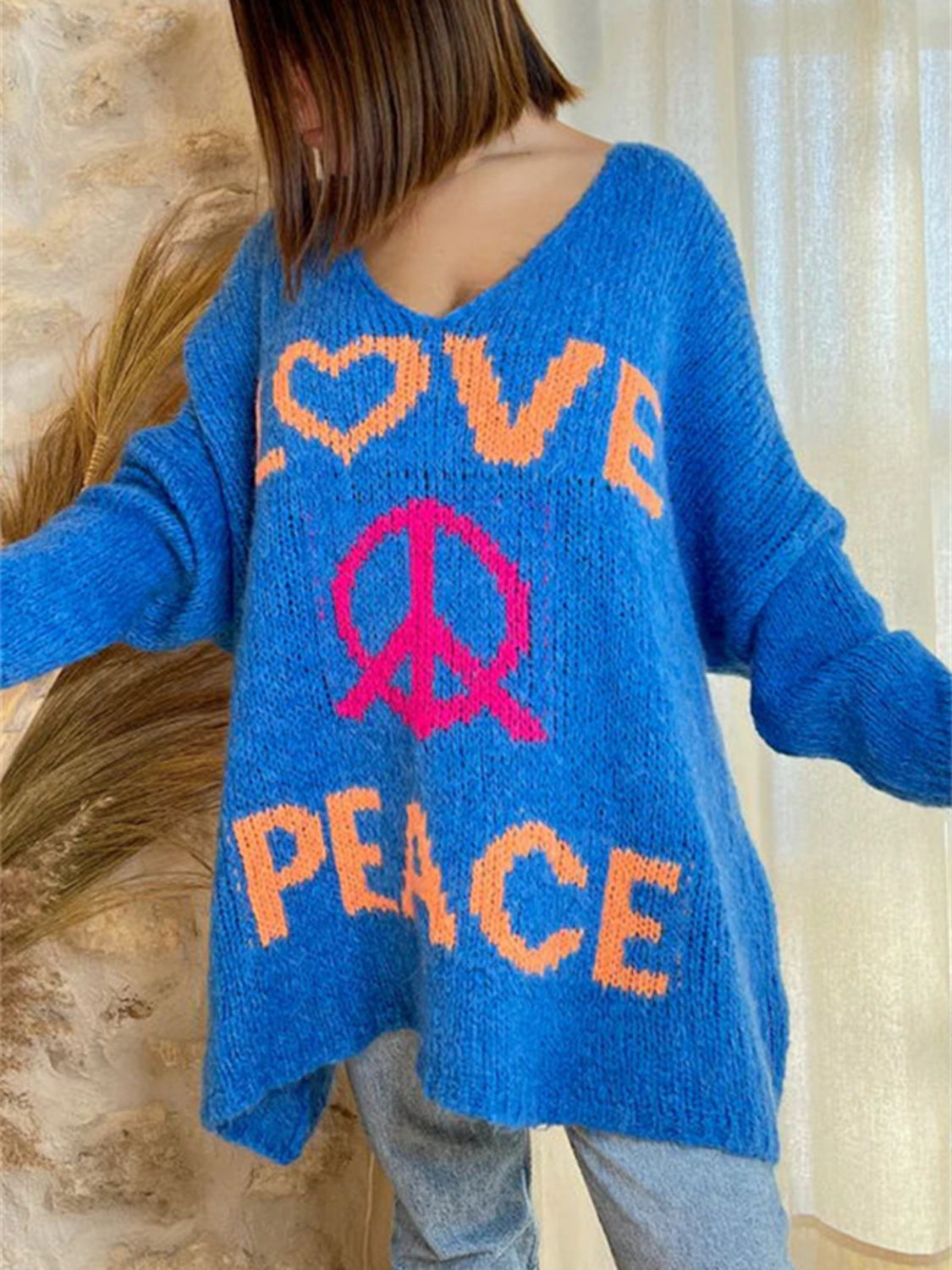 LOVE PEACE Oversized Colorful Knit Top Long-Sleeve Pullover Baggy Sweater Shirt