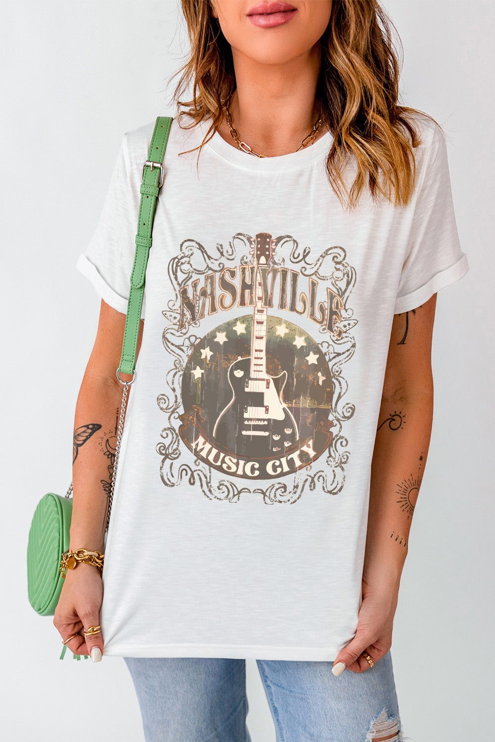 Nashville Music City Rustic Graphic Shirt Retro Guitar Americana Short Sleeve Top