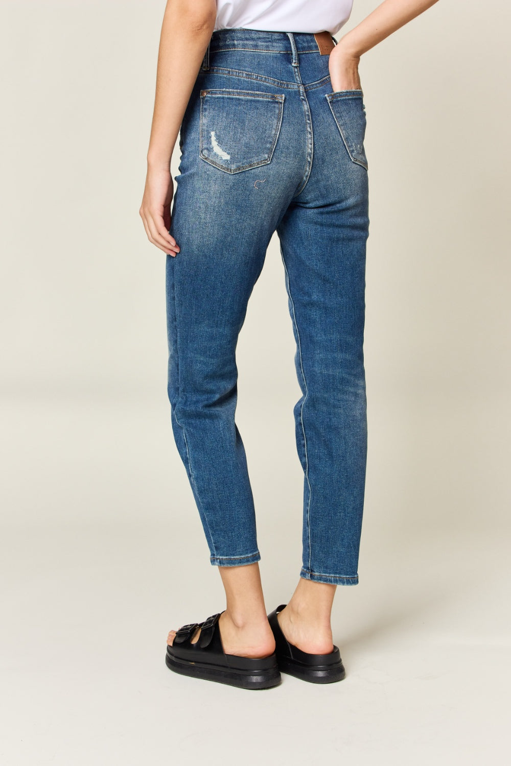 Judy Blue Tummy Control High-Rise Waist Distressed Slim Fit Stretch Dark Denim Ankle Jean Pants