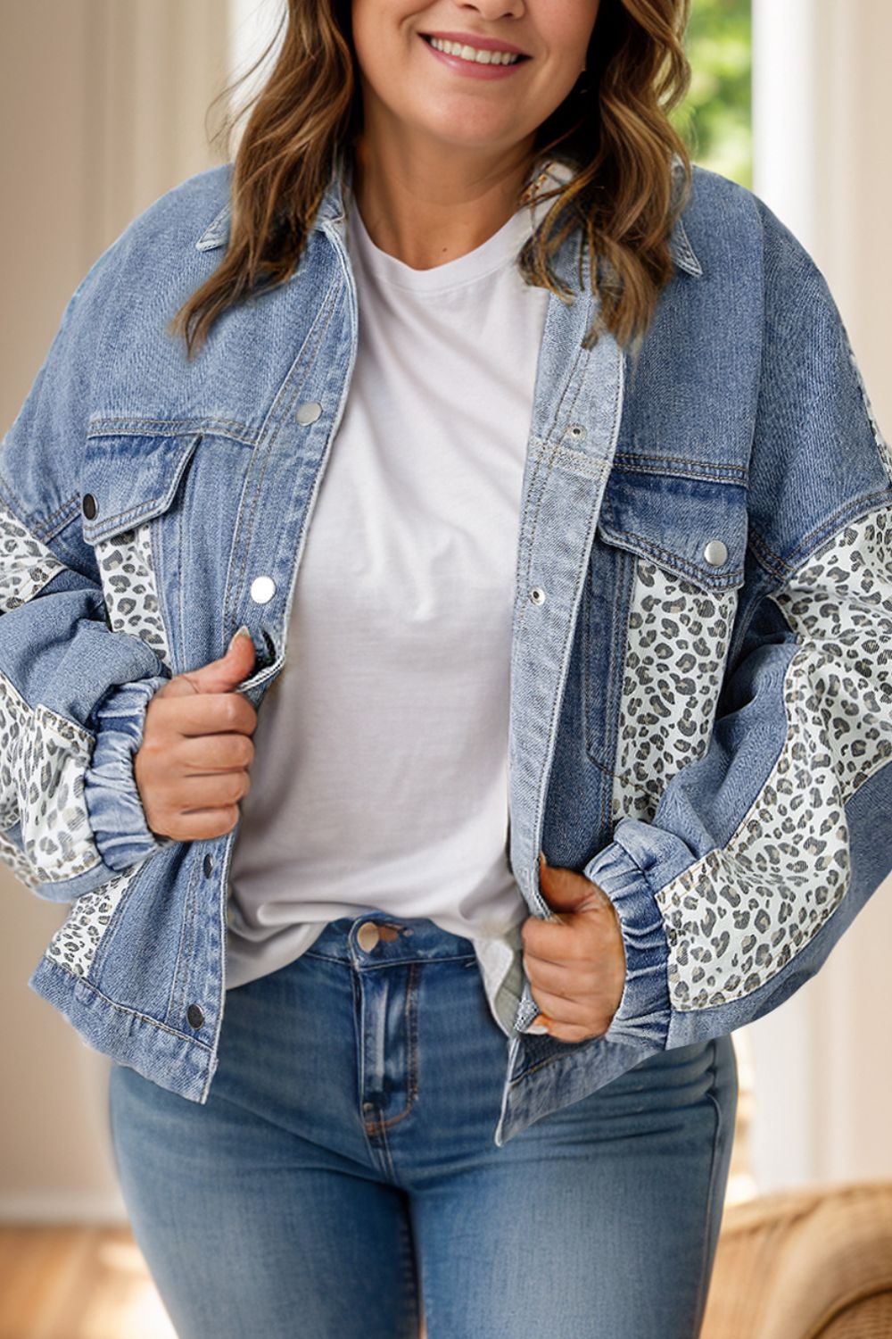 Leopard Print Patchwork Denim Long-sleeve Blue Jean Snap Jacket Plus Size