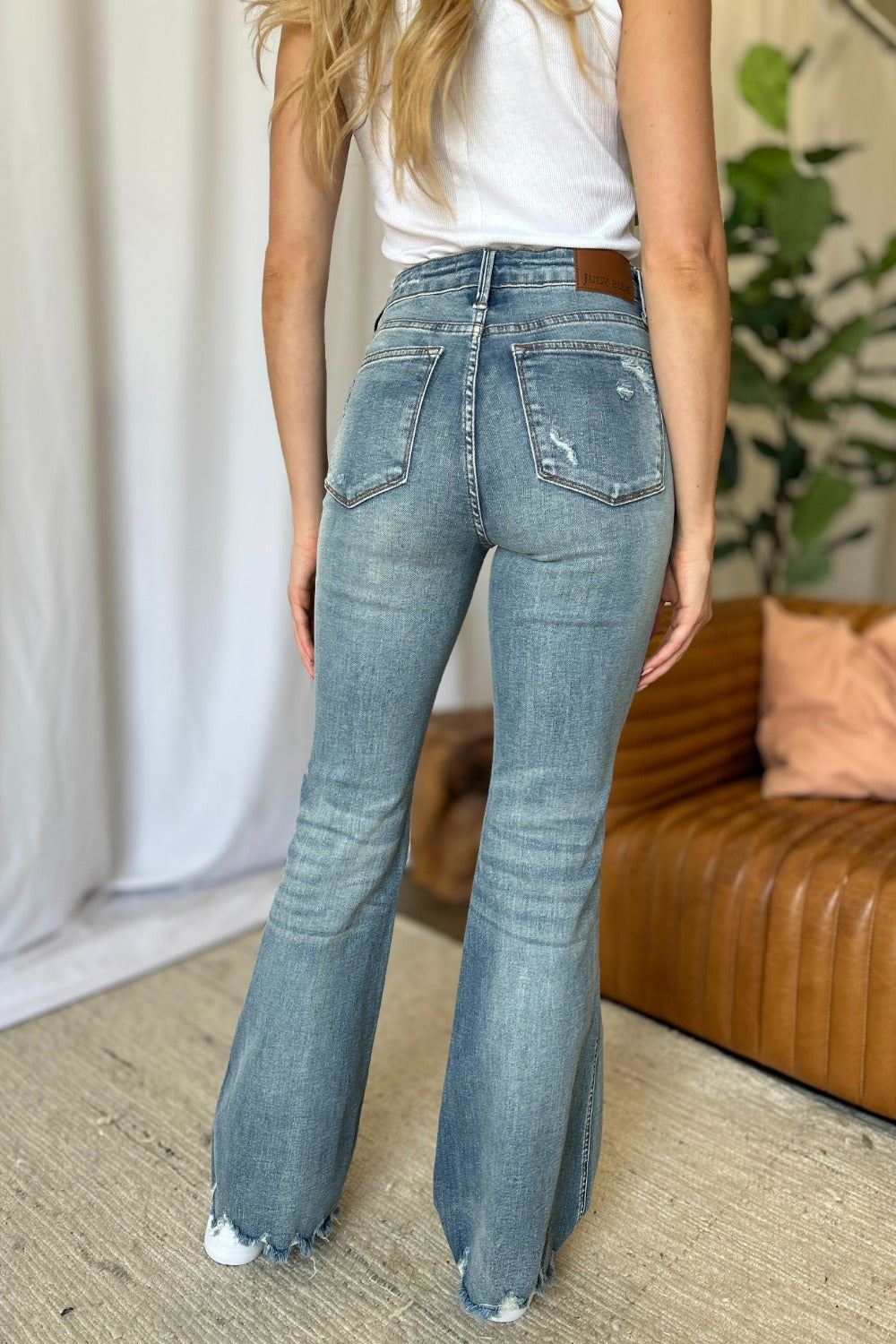 Judy Blue Mid-Rise Tummy Control Jeans Flare Hem Retro Distressed Denim Pants