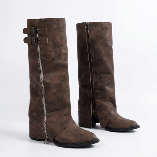 Shark Western Knee High Riding Boots Faux Leather Double Buckle Pointed Toe Block Heel Shoes