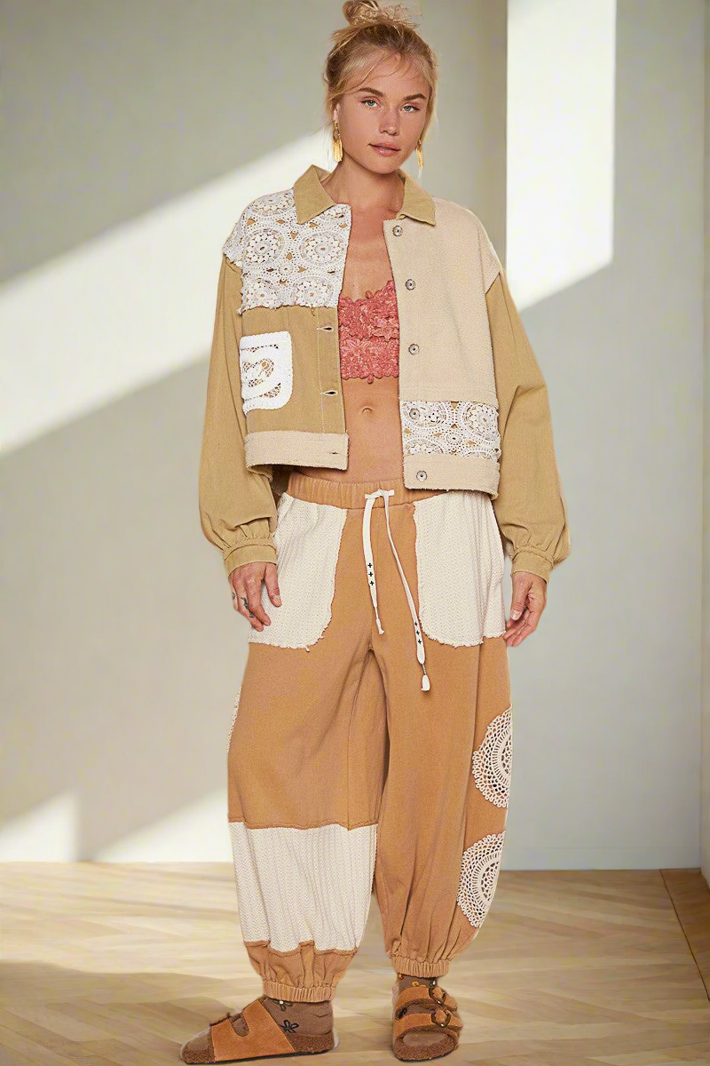 POL Lace Teddy Fleece Patchwork Floral Retro Boho Raw Seam Button-Up Collar Jacket