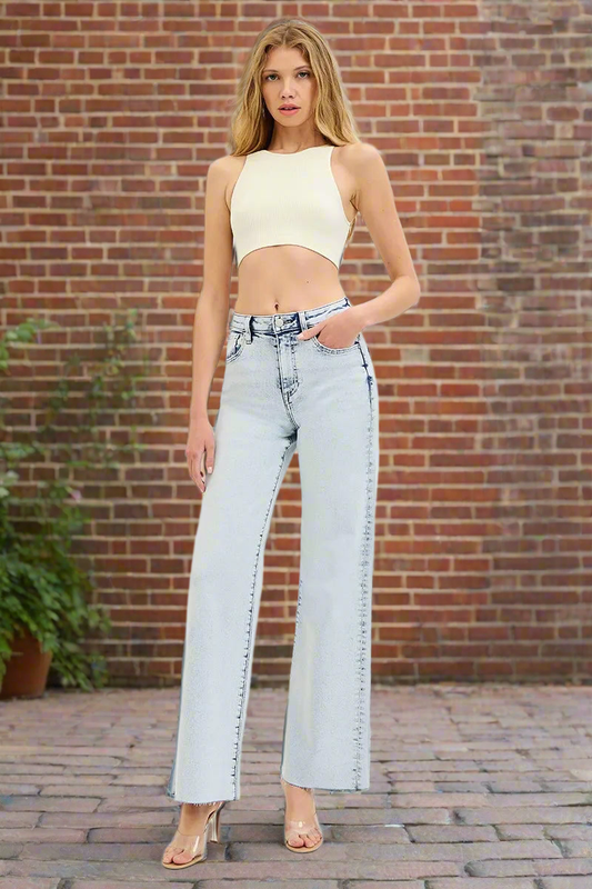 RISEN High-Rise Pants Baggy Wide Leg Cut-off Raw Hem Light Wash Jeans Denim Plus Size Available