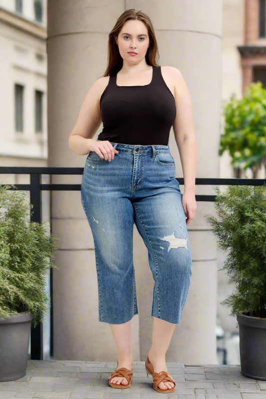 Judy Blue High-Rise Distressed Wide Leg Cropped Boyfriend Fit Ripped Denim Jeans