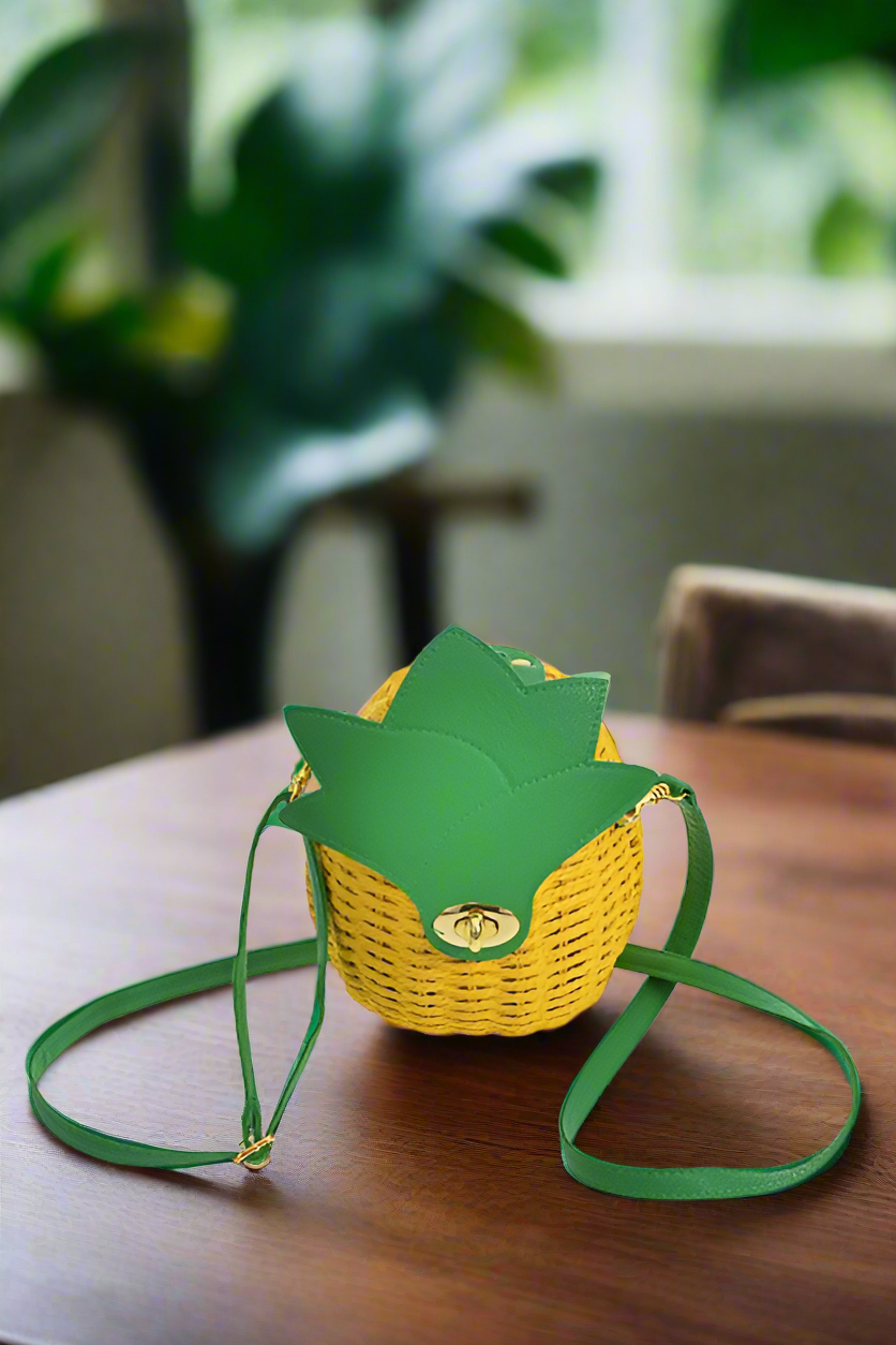Pineapple Purse Woven Basket Convertible Clutch Crossbody Fruit Novelty Bag Vegan Fun Eclectic