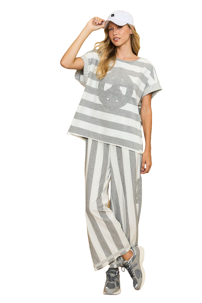 Umgee Peace Patch Elastic Waist Pants Wide Leg Stripe Boho Oversized Relaxed Fit Gray